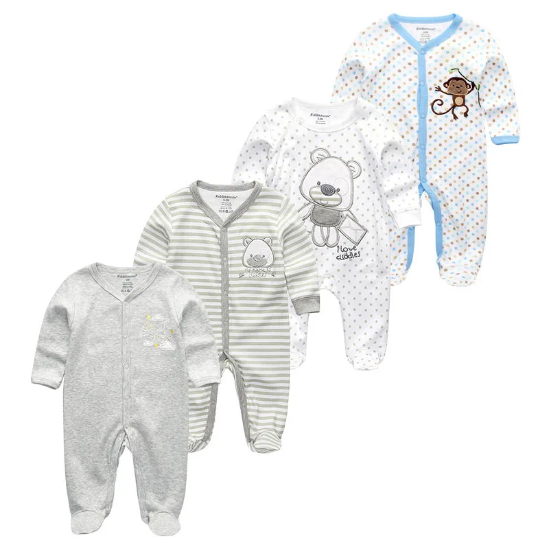 Teddy Bear Print Long Sleeves Footed One Piece Jumpsuit Pajamas 4pcs