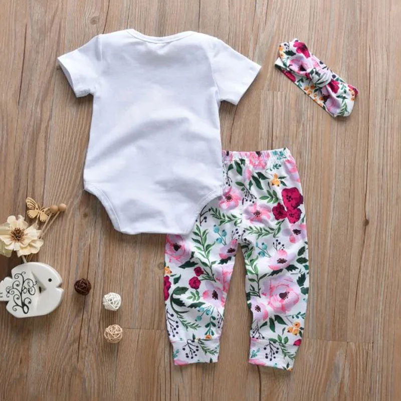 Baby Girl Text Print Onesie, Flower Pants, Ribbon Headband 3 pcs - Image 2
