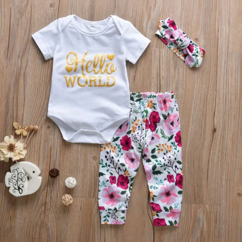Baby Girl Text Print Onesie, Flower Pants, Ribbon Headband 3 pcs