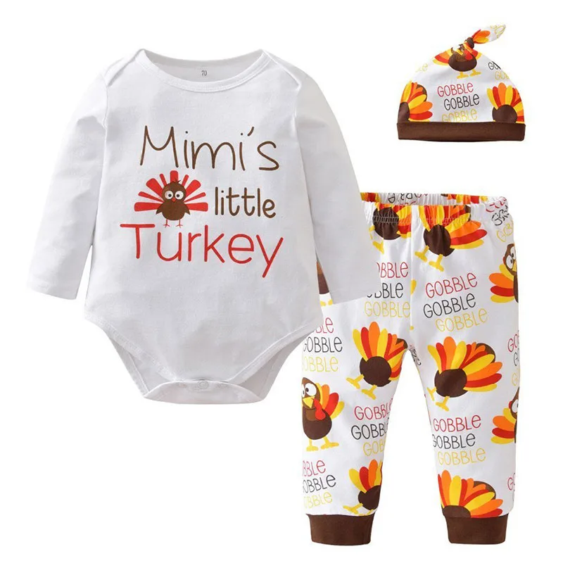 Baby Boy's & Girl's Thanks Giving Turkey Onesie Bodysuit Long Sleeve Cartoon Print, Pullover Pants, and Hat Outfit