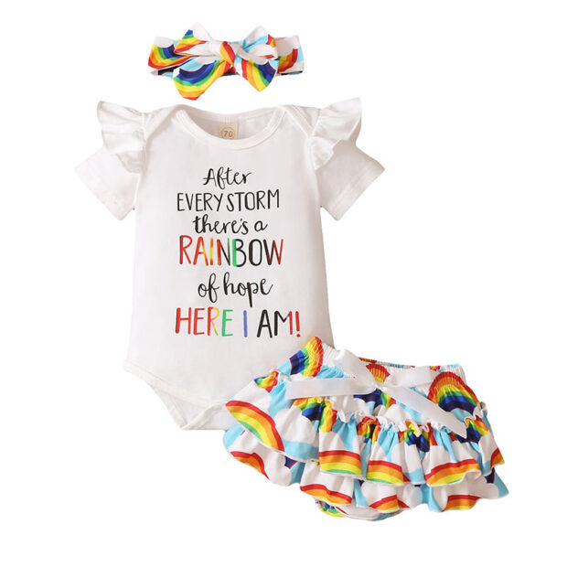 There's a Rainbow of Hope After Storm Onesie with Stripe Diaper Cover & Headband Short Sleeve Outfit