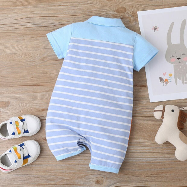 Tiger Embroidery Polo Style Romper in Stripes Short Sleeve for Boys - Image 2