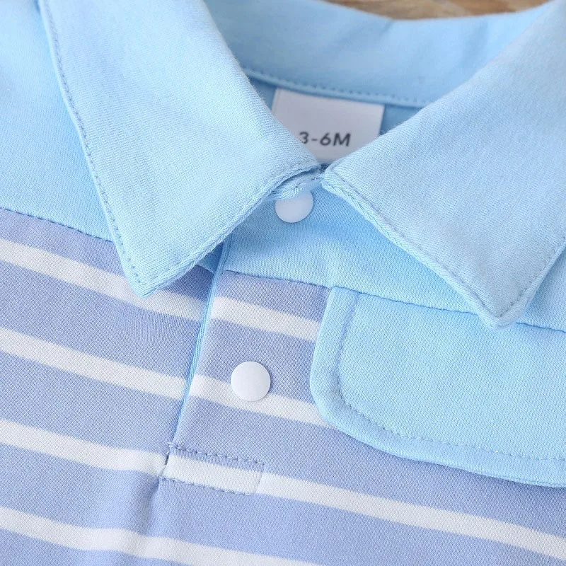 Tiger Embroidery Polo Style Romper in Stripes Short Sleeve for Boys - Image 3