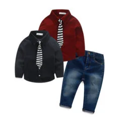 Toddler Boy Solid Corduroy Button Shirt & Denim Jeans with Stripe Pattern Tie Outfit