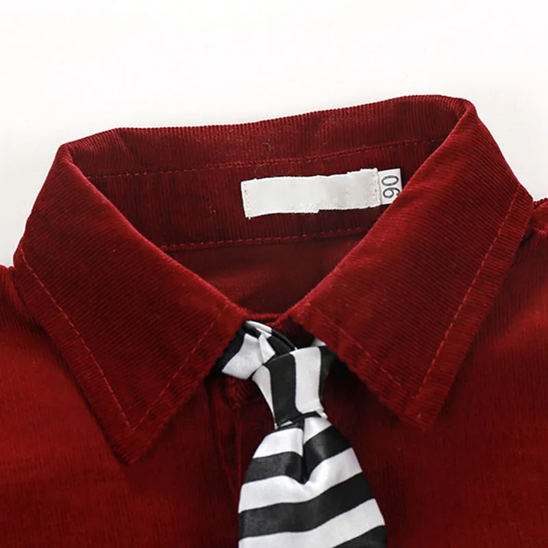 Toddler Boy Solid Corduroy Button Shirt & Denim Jeans with Stripe Pattern Tie Outfit - Image 3