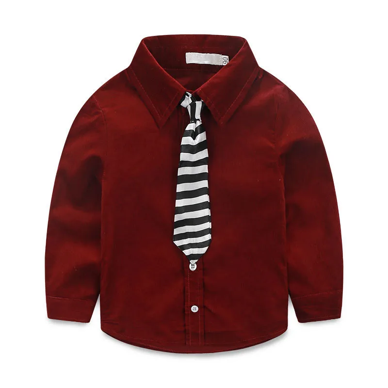 Toddler Boy Solid Corduroy Button Shirt & Denim Jeans with Stripe Pattern Tie Outfit - Image 2