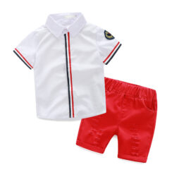 Toddler Boy Emblem Embroidery Stripe Button Shirt & Ripped Shorts