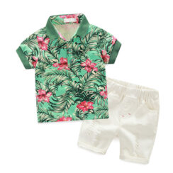 Toddler Boy Floral Leaf Pattern Polo Shirt & Ripped Shorts Short Sleeve