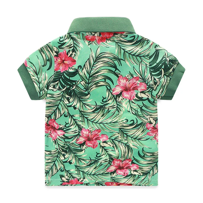 Toddler Boy Floral Leaf Pattern Polo Shirt & Ripped Shorts Short Sleeve - Image 3