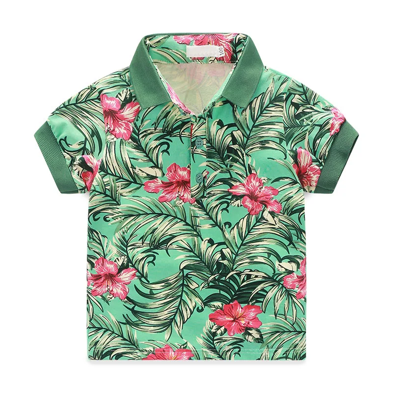 Toddler Boy Floral Leaf Pattern Polo Shirt & Ripped Shorts Short Sleeve - Image 2