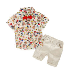 Toddler Boy Lily Flower Pattern Button Shirt & Ripped Shorts with Bow Tie Short Sleeve