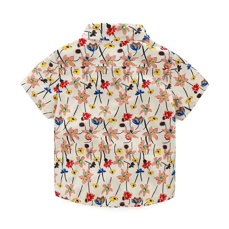 Toddler Boy Lily Flower Pattern Button Shirt & Ripped Shorts with Bow Tie Short Sleeve - Image 3