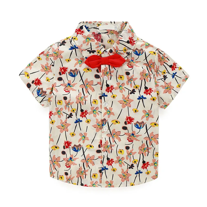 Toddler Boy Lily Flower Pattern Button Shirt & Ripped Shorts with Bow Tie Short Sleeve - Image 2