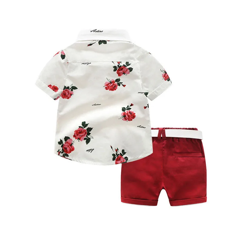 Toddler Rose Pattern Button Shirt & Shorts Short Sleeve with Bow Tie & Belt - Image 2