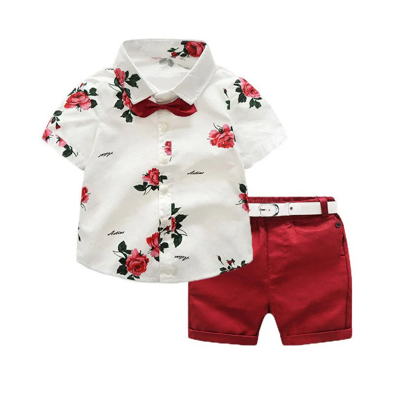 Toddler Rose Pattern Button Shirt & Shorts Short Sleeve with Bow Tie & Belt
