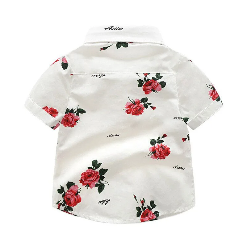 Toddler Rose Pattern Button Shirt & Shorts Short Sleeve with Bow Tie & Belt - Image 3