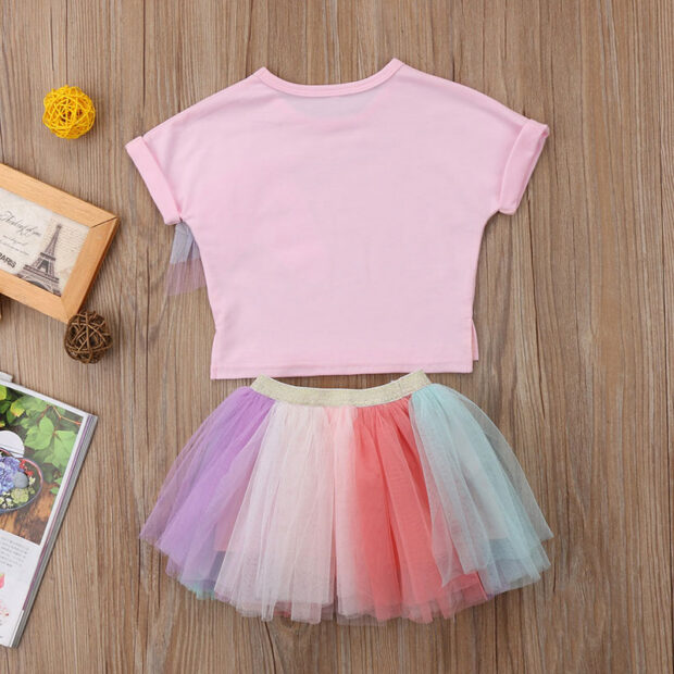 Unicorn Print T-Shirt with Mane & Rainbow Color Tutu Dress Short Sleeve Outfit - Image 2