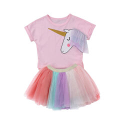 Unicorn Print T-Shirt with Mane & Rainbow Color Tutu Dress Short Sleeve Outfit