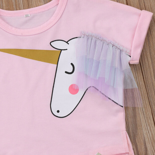 Unicorn Print T-Shirt with Mane & Rainbow Color Tutu Dress Short Sleeve Outfit - Image 3