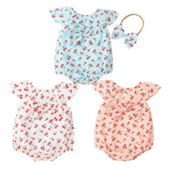 Variable Cherry Print Ribbon Romper Sleeveless with Headband