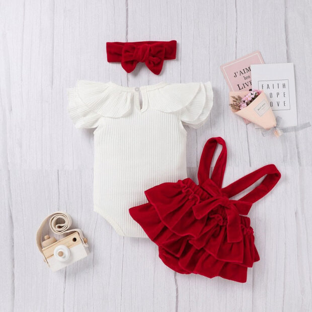 Velvet Ribbon Suspender Dress & Ribbed Pattern Onesie Short Sleeve - Image 2