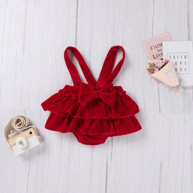 Velvet Ribbon Suspender Dress & Ribbed Pattern Onesie Short Sleeve - Image 6