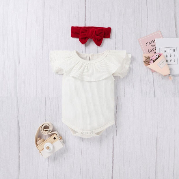 Velvet Ribbon Suspender Dress & Ribbed Pattern Onesie Short Sleeve - Image 3