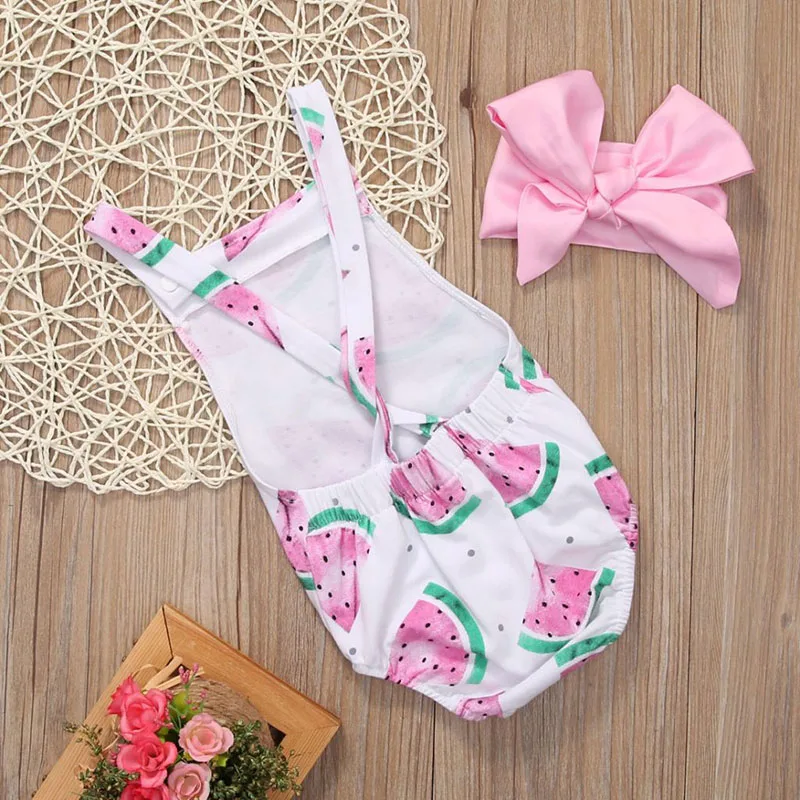Pink Watermelon Shoulder Strap Suspenders Bodysuit Sunsuit Ribbon Headband - Image 3