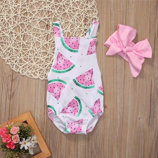 Pink Watermelon Shoulder Strap Suspenders Bodysuit Sunsuit Ribbon Headband - Image 2