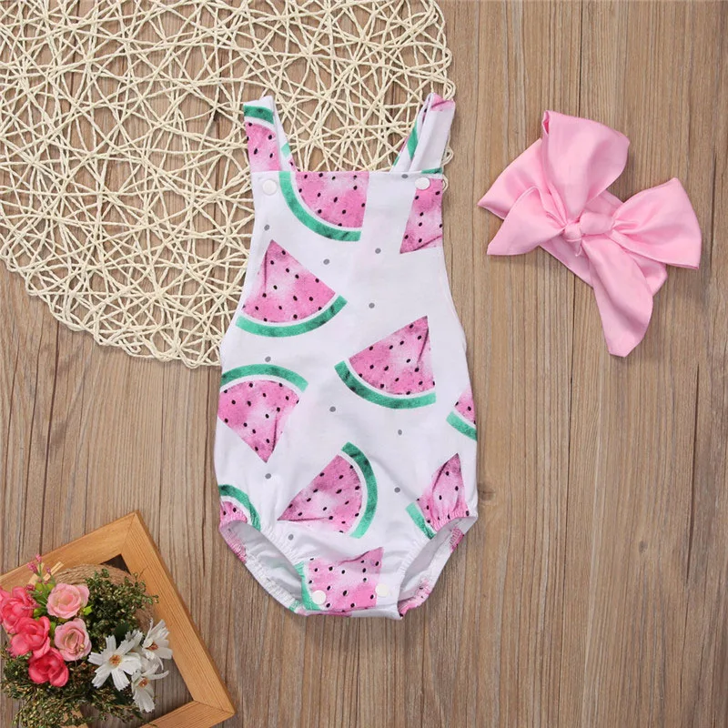 Pink Watermelon Shoulder Strap Suspenders Bodysuit Sunsuit Ribbon Headband - Image 2