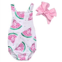 Pink Watermelon Shoulder Strap Suspenders Bodysuit Sunsuit Ribbon Headband