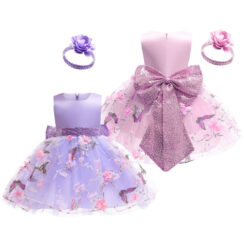 Wedding Butterfly Flower Design Dress Sleeveless with Shimmering Ribbon Bow Headband