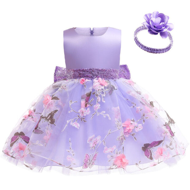 Wedding Butterfly Flower Design Dress Sleeveless with Shimmering Ribbon Bow Headband - Image 2