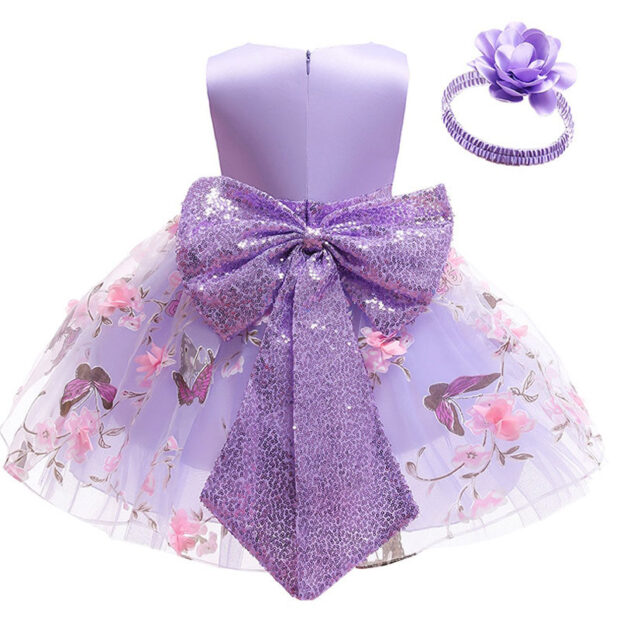 Wedding Butterfly Flower Design Dress Sleeveless with Shimmering Ribbon Bow Headband - Image 4
