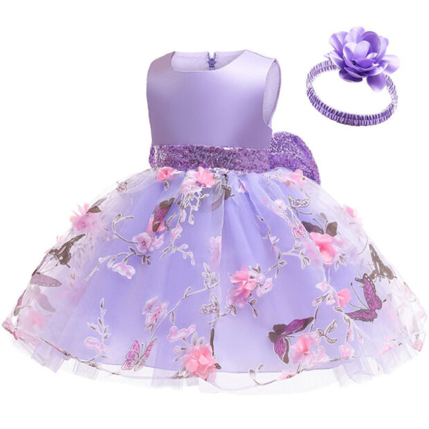 Wedding Butterfly Flower Design Dress Sleeveless with Shimmering Ribbon Bow Headband - Image 3