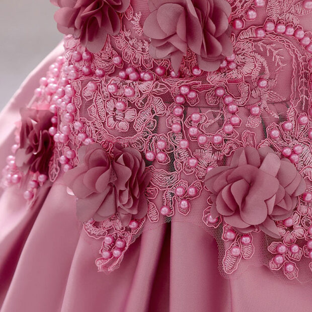 Wedding Flower Beaded Dress Ruffled with Ribbon Bow Back Sleeveless - Image 4