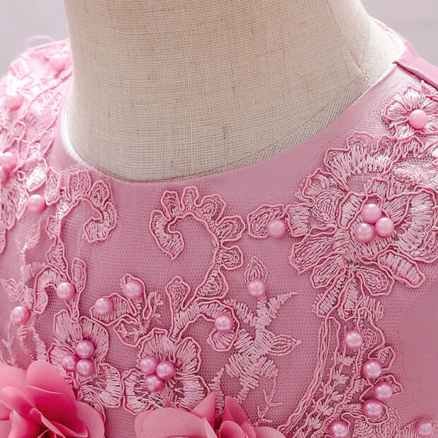 Wedding Flower Beaded Dress Ruffled with Ribbon Bow Back Sleeveless - Image 3