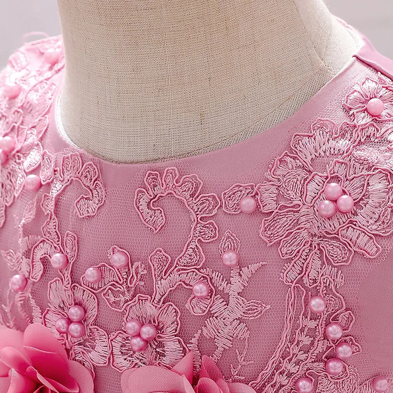 Wedding Flower Beaded Dress Ruffled with Ribbon Bow Back Sleeveless - Image 3