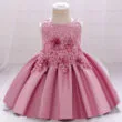 Wedding Flower Beaded Dress Ruffled with Ribbon Bow Back Sleeveless
