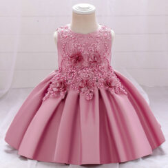 Wedding Flower Beaded Dress Ruffled with Ribbon Bow Back Sleeveless