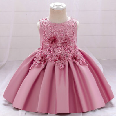 Wedding Flower Beaded Dress Ruffled with Ribbon Bow Back Sleeveless