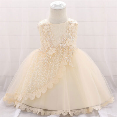 Wedding Flower Patch Embellished Lace Dress Sleeveless with Ribbon Bow Back