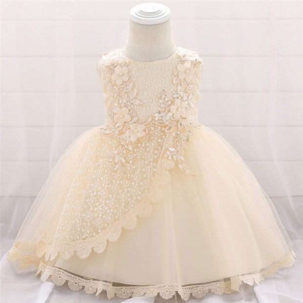 Wedding Flower Patch Embellished Lace Dress Sleeveless with Ribbon Bow Back