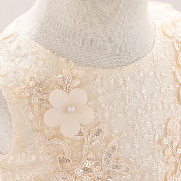 Wedding Flower Patch Embellished Lace Dress Sleeveless with Ribbon Bow Back - Image 3