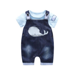 Short Sleeves Whale T-Shirt Denim Jeans Suspenders Shorts