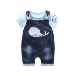 Short Sleeves Whale T-Shirt Denim Jeans Suspenders Shorts