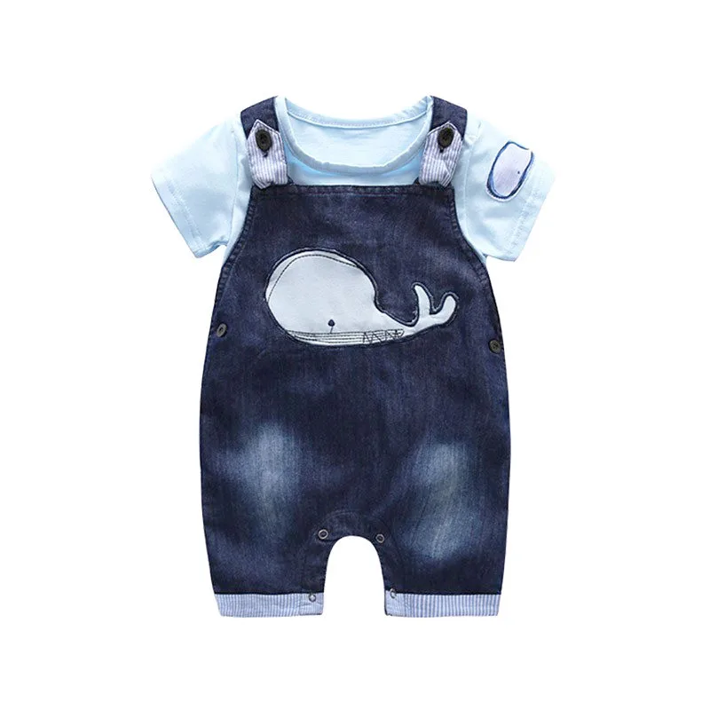 Short Sleeves Whale T-Shirt Denim Jeans Suspenders Shorts