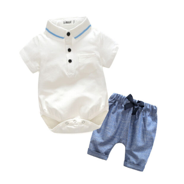 Baby Boy White Collar Button Shirt Bodysuit Blue Trousers