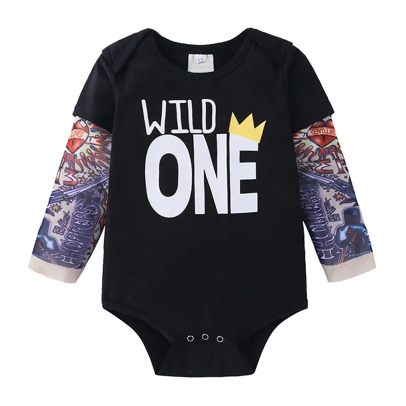 Wild One Letter Print with Tattoo Sleeve Onesie Long Sleeve