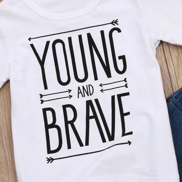 Letter Print Young and Brave Shirt & Elastic Denim Jeans Long Sleeve - Image 4